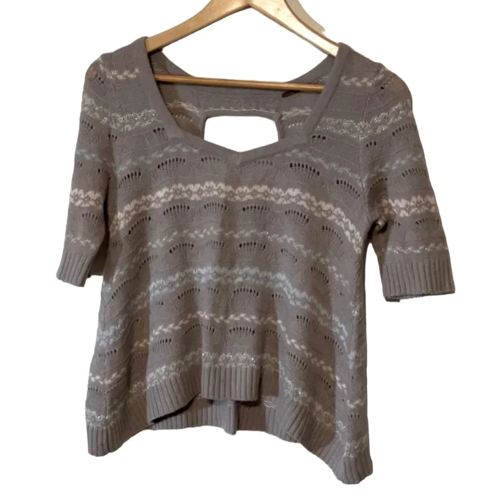 FREE PEOPLE sz Small Sweater Cropped Knit Keyhole Short Sleeve  Gray Purple